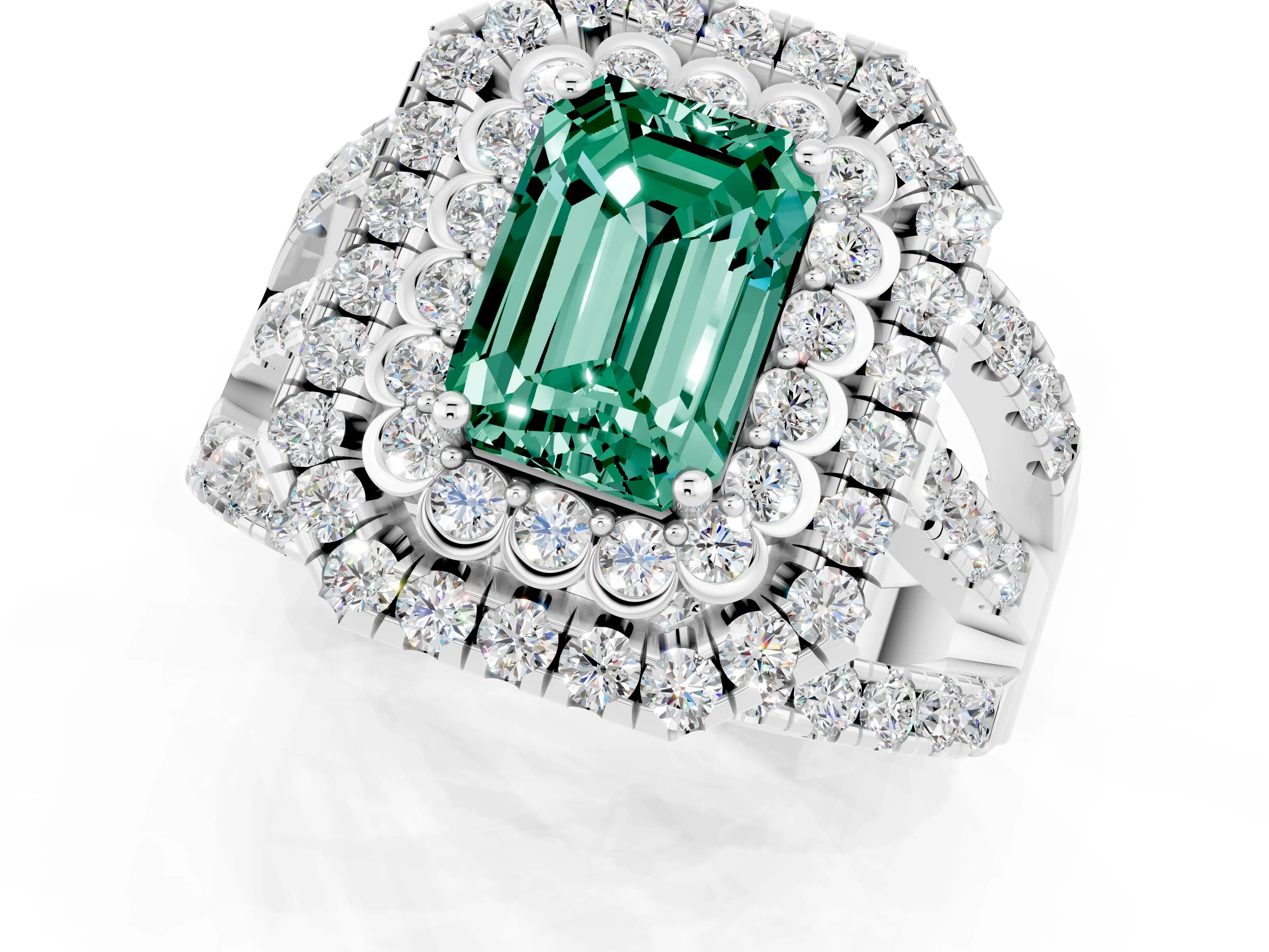 White gold Double Halo Emerald Cut Diamond Split Shank Pave Set Ring_1