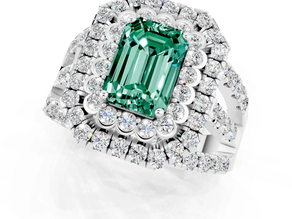 Platinum Emerald Cut Green Sapphire Double Halo Ring with Round Pavé Split Shank and Prong Setting