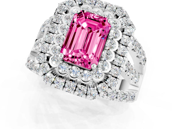 White gold Emerald Cut Pink Sapphire Double Halo Ring with Round Pavé Split Shank and Prong Setting