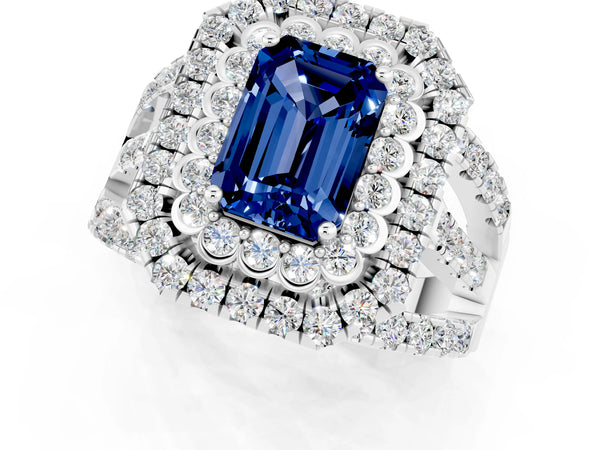 Platinum Emerald Cut Blue Sapphire Double Halo Ring with Round Pavé Split Shank and Prong Setting