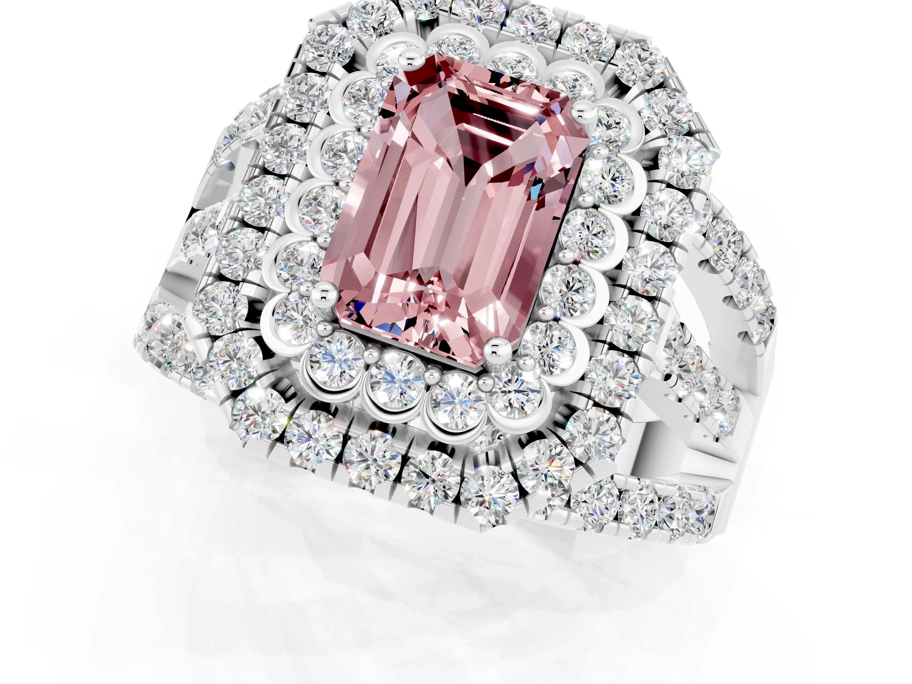 White gold Double Halo Emerald Cut Diamond Split Shank Pave Set Ring_1