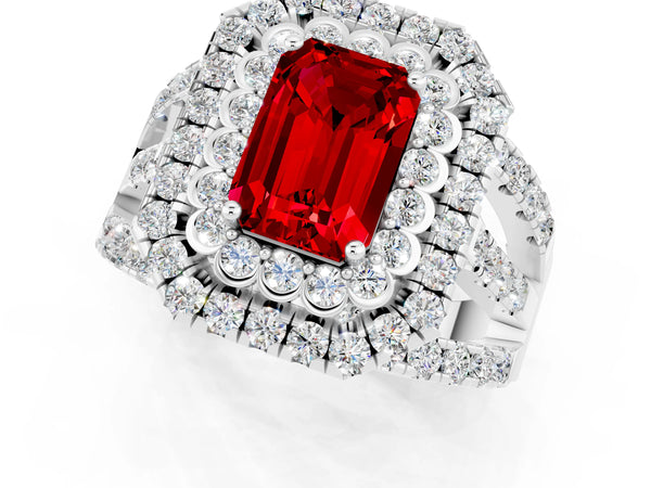 White gold Double Halo Emerald Cut Diamond Split Shank Pave Set Ring