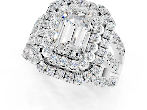 White gold Double Halo Emerald Cut Diamond Split Shank Pave Set Ring_1