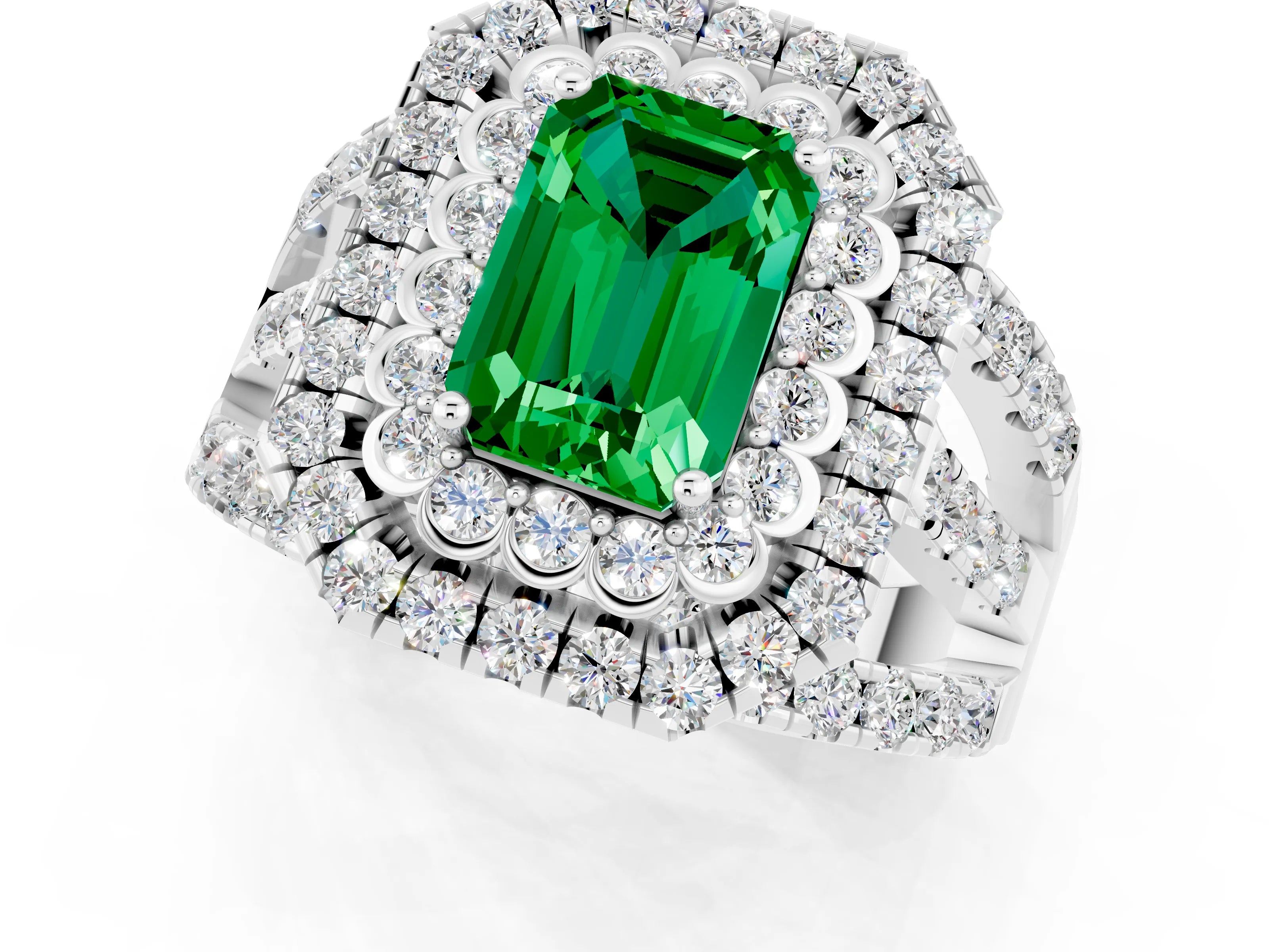 White gold Double Halo Emerald Cut Diamond Split Shank Pave Set Ring_1