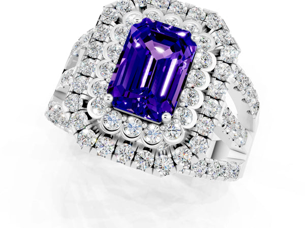 White gold Emerald Cut Tanzanite Double Halo Ring with Round Pavé Split Shank and Prong Setting
