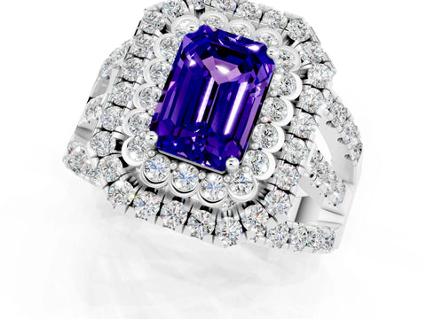 White gold Double Halo Emerald Cut Diamond Split Shank Pave Set Ring_1