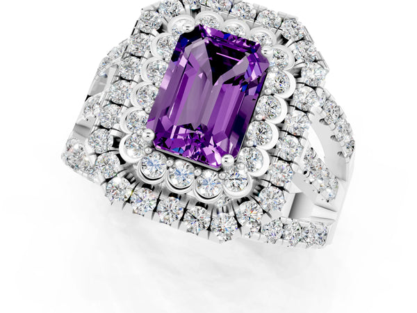 Platinum Emerald Cut Amethyst Double Halo Ring with Round Pavé Split Shank and Prong Setting