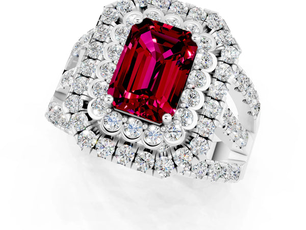 Silver Emerald Cut Garnet Double Halo Ring with Round Pavé Split Shank and Prong Setting