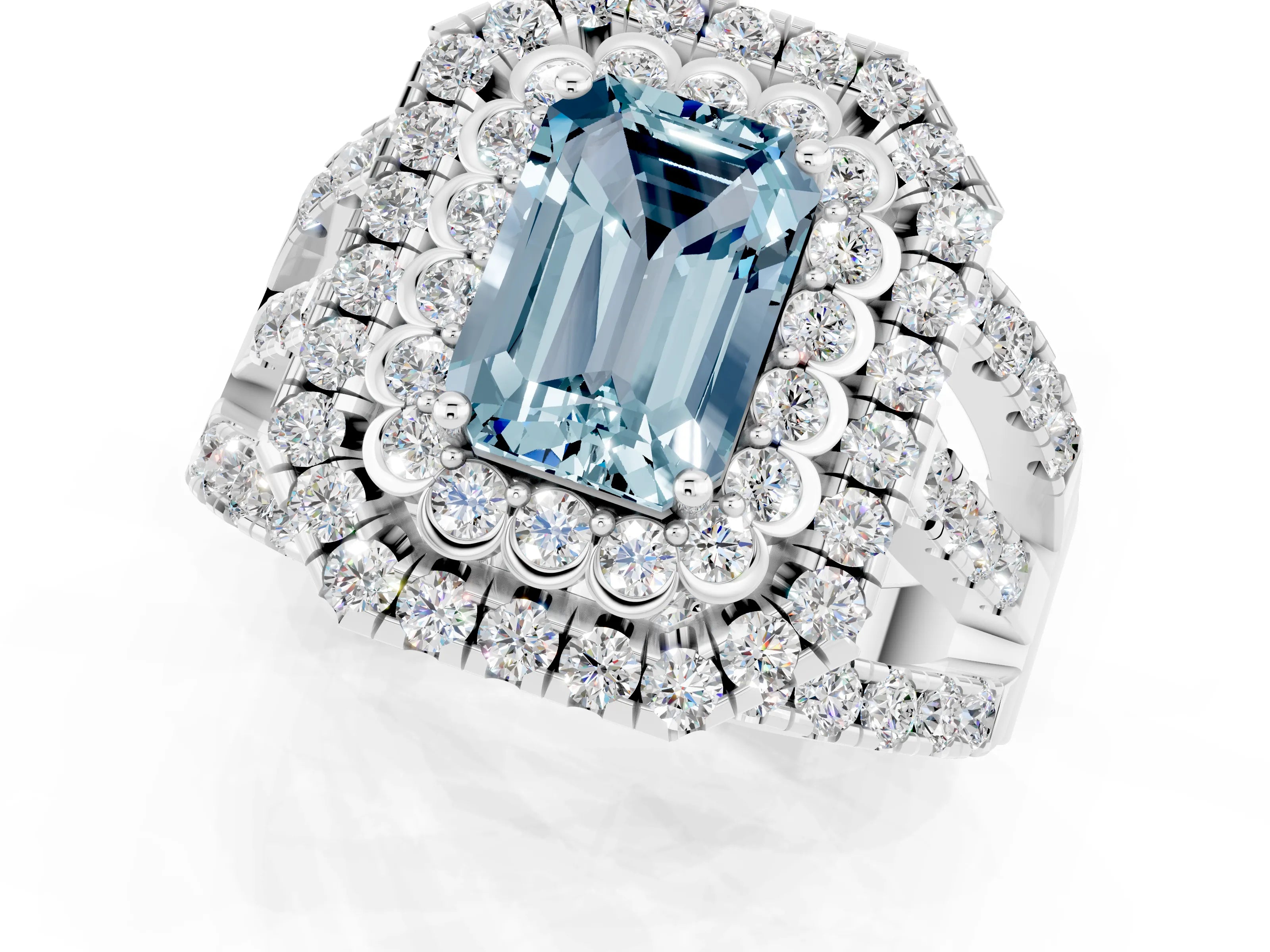 White gold Double Halo Emerald Cut Diamond Split Shank Pave Set Ring_1