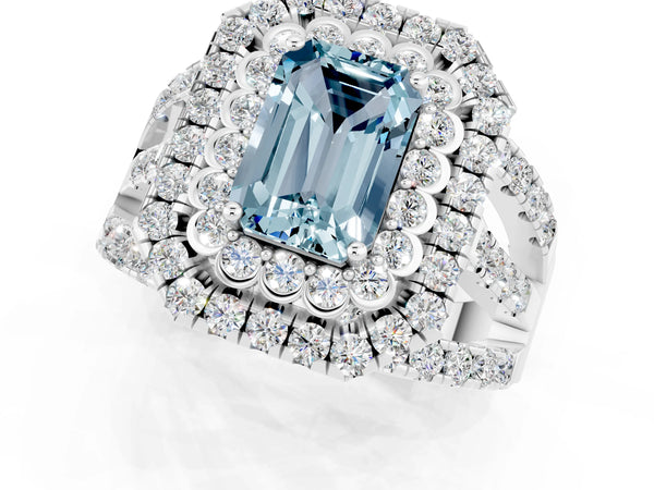 Silver Emerald Cut Aquamarine Double Halo Ring with Round Pavé Split Shank and Prong Setting
