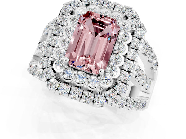 Platinum Double Halo Emerald Cut Diamond Split Shank Pave Set Ring