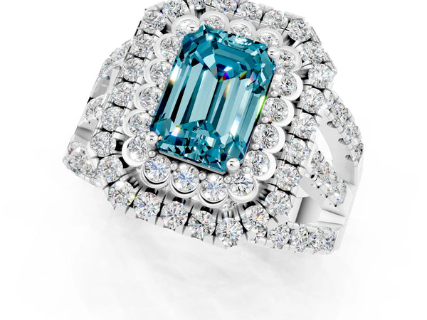 Platinum Double Halo Emerald Cut Diamond Split Shank Pave Set Ring