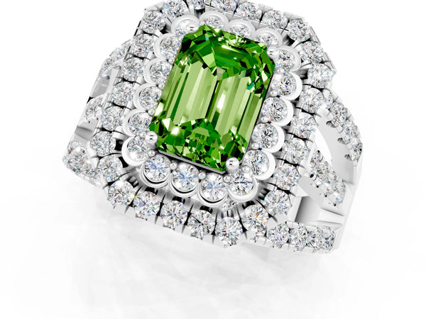 White gold Double Halo Emerald Cut Diamond Split Shank Pave Set Ring