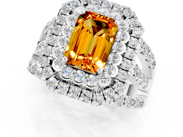 Platinum Emerald Cut Citrine Double Halo Ring with Round Pavé Split Shank and Prong Setting