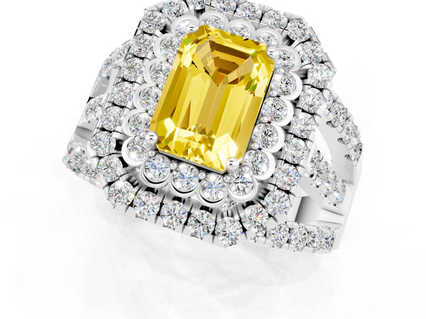 Platinum Emerald Cut Yellow Sapphire Double Halo Ring with Round Pavé Split Shank and Prong Setting