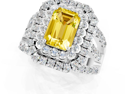White gold Double Halo Emerald Cut Diamond Split Shank Pave Set Ring_1