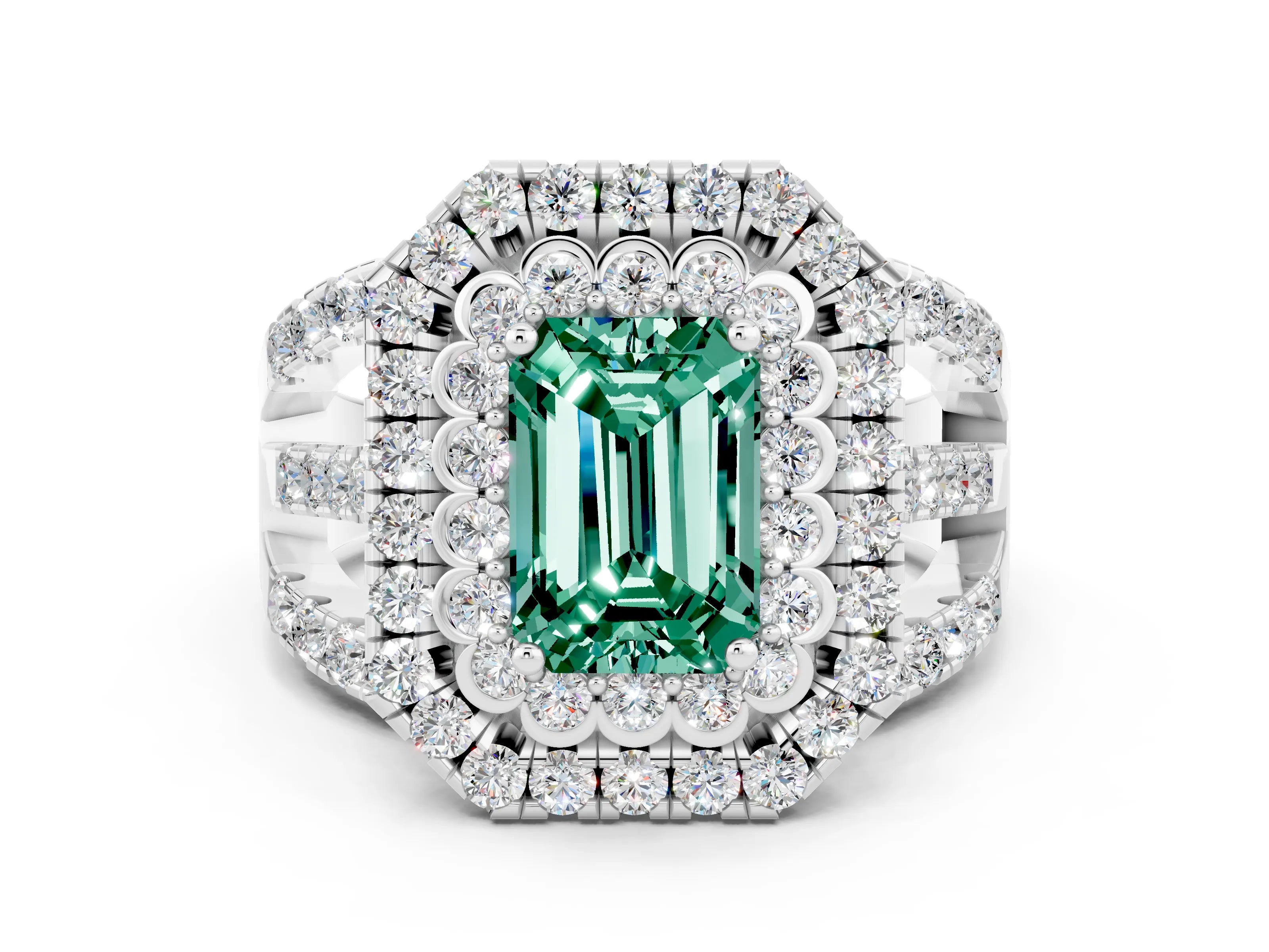 White gold Double Halo Emerald Cut Diamond Split Shank Pave Set Ring
