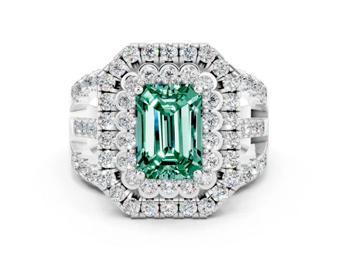White gold Double Halo Emerald Cut Diamond Split Shank Pave Set Ring