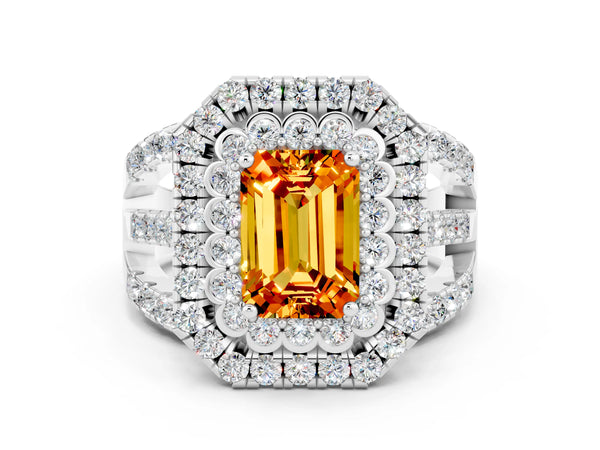 Platinum Emerald Cut Citrine Double Halo Ring with Round Pavé Split Shank and Prong Setting