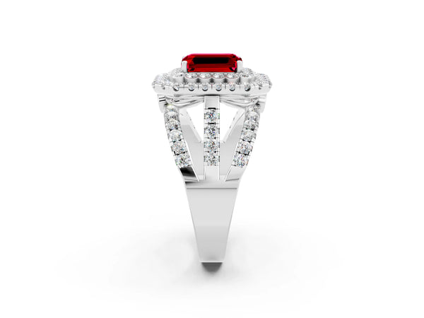 Platinum Double Halo Emerald Cut Diamond Split Shank Pave Set Ring