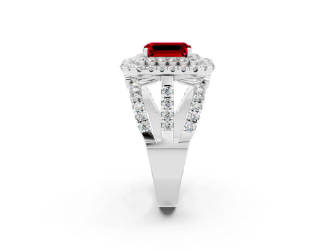 White gold Double Halo Emerald Cut Diamond Split Shank Pave Set Ring_2