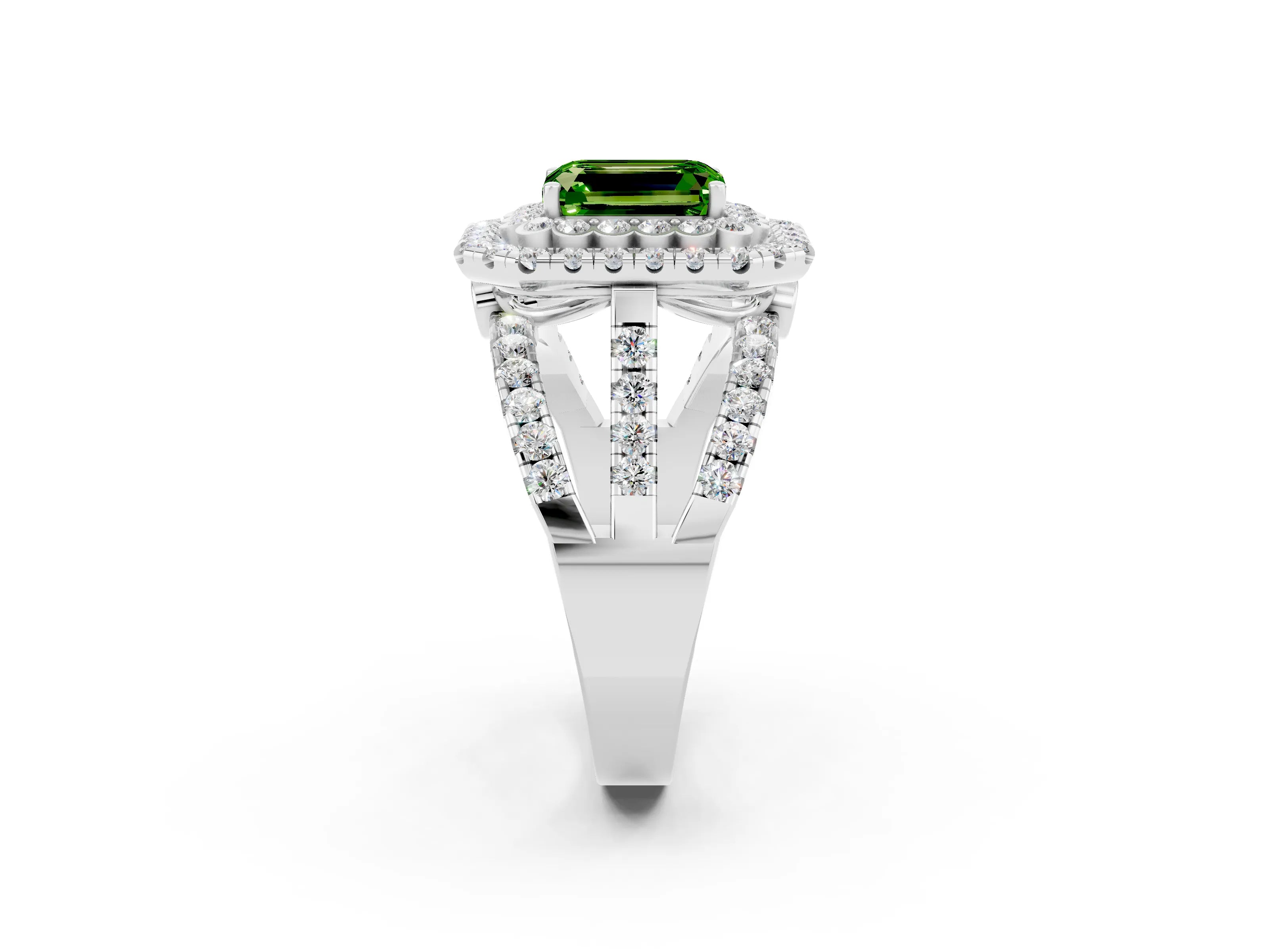 White gold Double Halo Emerald Cut Diamond Split Shank Pave Set Ring_2
