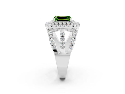 White gold Double Halo Emerald Cut Diamond Split Shank Pave Set Ring_2