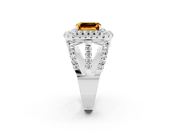 Platinum Emerald Cut Citrine Double Halo Ring with Round Pavé Split Shank and Prong Setting