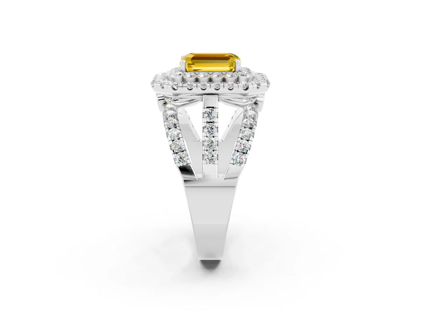 Silver Emerald Cut Yellow Sapphire Double Halo Ring with Round Pavé Split Shank and Prong Setting