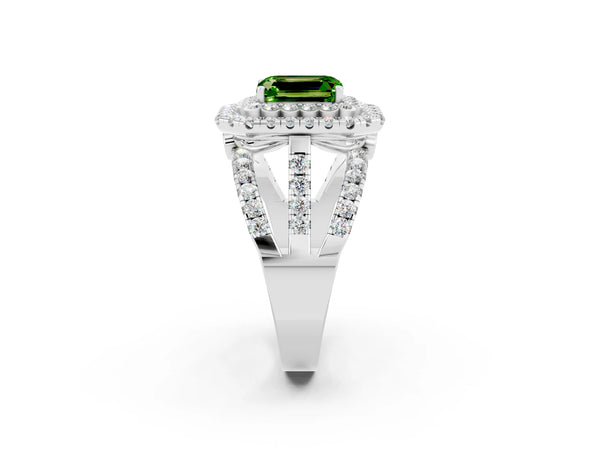 White gold Double Halo Emerald Cut Diamond Split Shank Pave Set Ring