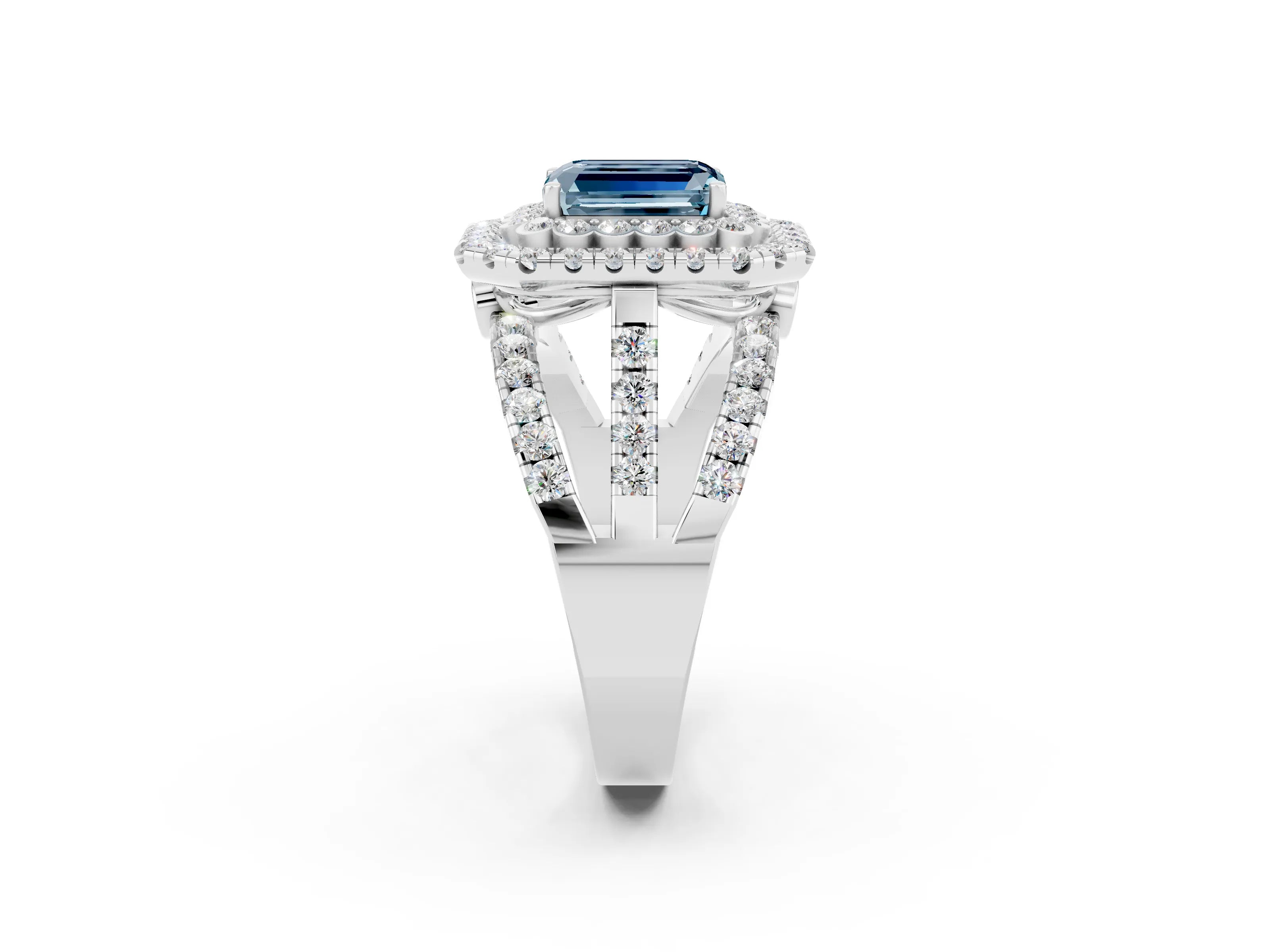 White gold Double Halo Emerald Cut Diamond Split Shank Pave Set Ring_2