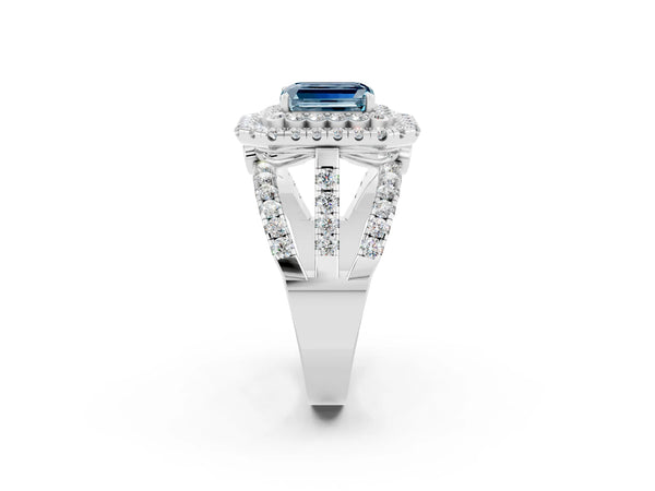 Platinum Emerald Cut Aquamarine Double Halo Ring with Round Pavé Split Shank and Prong Setting