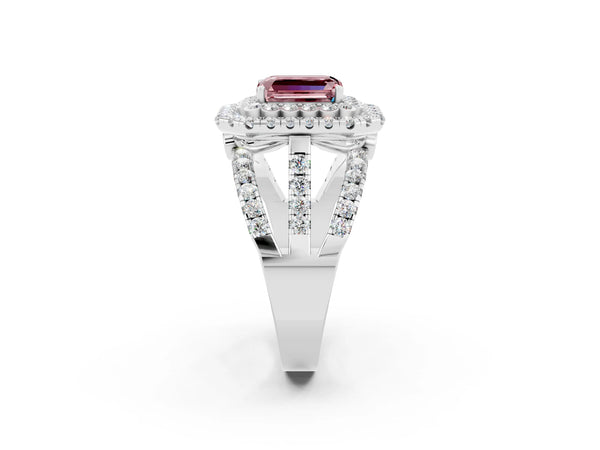 White gold Double Halo Emerald Cut Diamond Split Shank Pave Set Ring