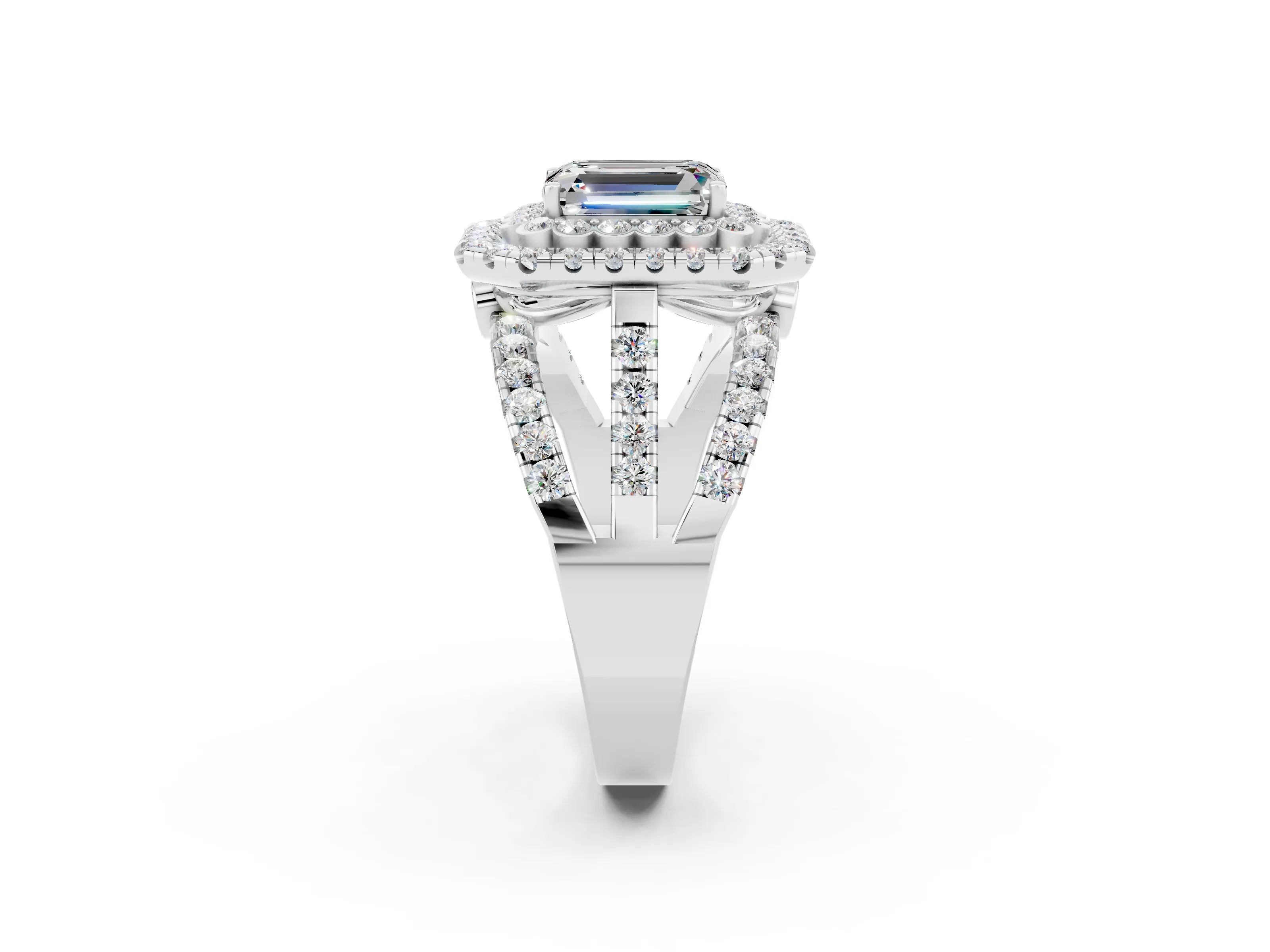 White gold Double Halo Emerald Cut Diamond Split Shank Pave Set Ring_2