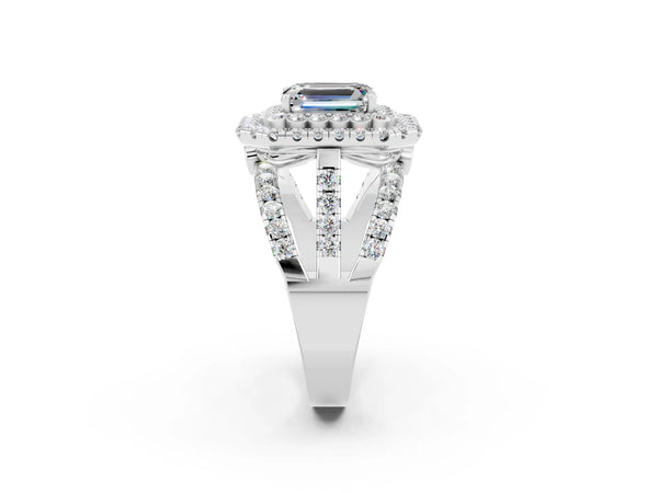 Silver Emerald Cut Moissanite Double Halo Ring with Round Pavé Split Shank and Prong Setting
