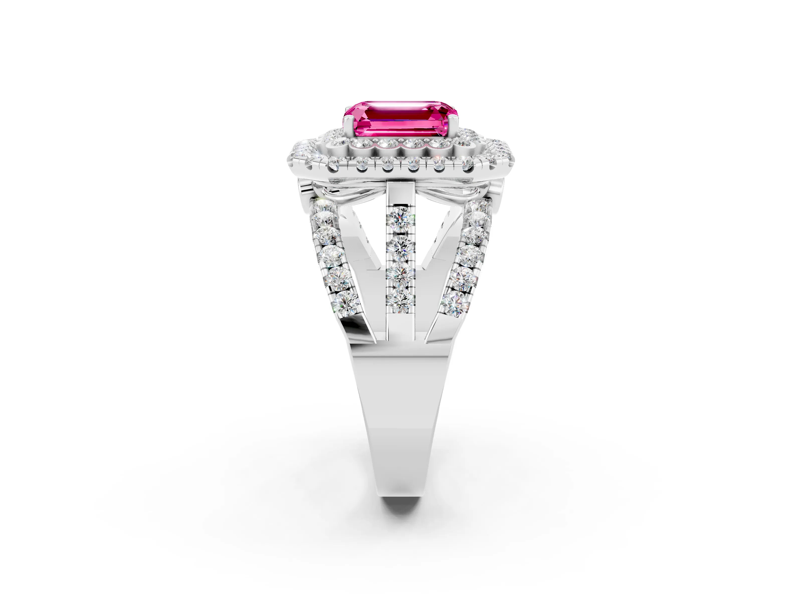 White gold Double Halo Emerald Cut Diamond Split Shank Pave Set Ring_2