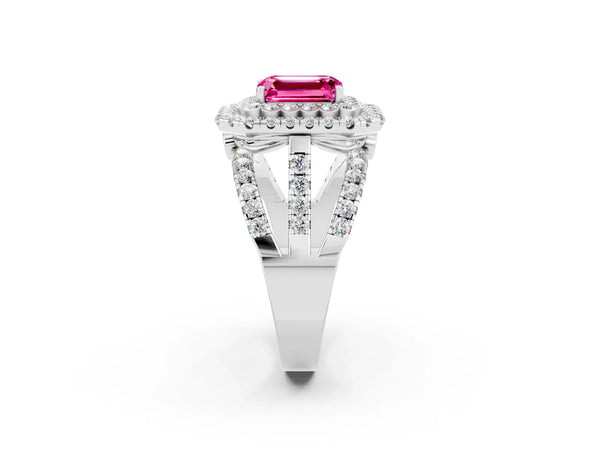 White gold Emerald Cut Pink Sapphire Double Halo Ring with Round Pavé Split Shank and Prong Setting
