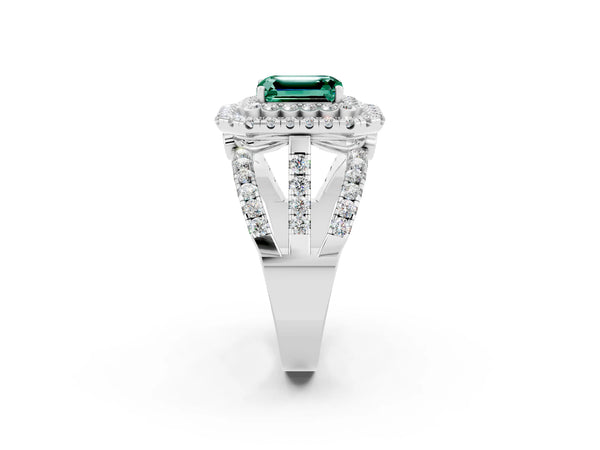 Platinum Emerald Cut Green Sapphire Double Halo Ring with Round Pavé Split Shank and Prong Setting