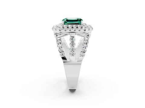 White gold Double Halo Emerald Cut Diamond Split Shank Pave Set Ring_2