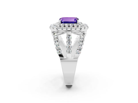 White gold Double Halo Emerald Cut Diamond Split Shank Pave Set Ring_2
