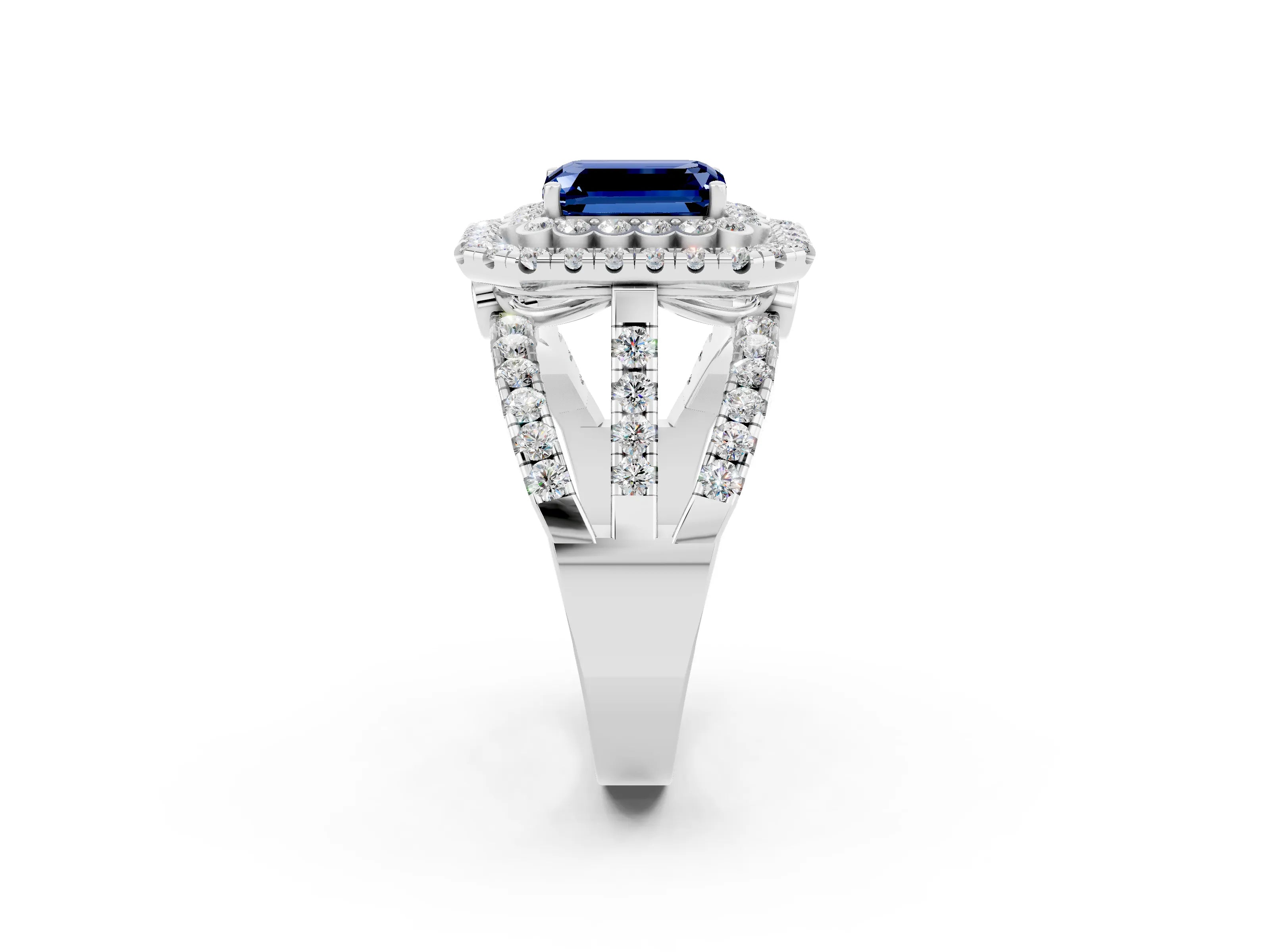 White gold Double Halo Emerald Cut Diamond Split Shank Pave Set Ring_2