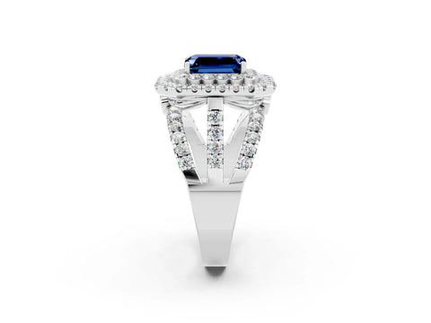 White gold Double Halo Emerald Cut Diamond Split Shank Pave Set Ring_2