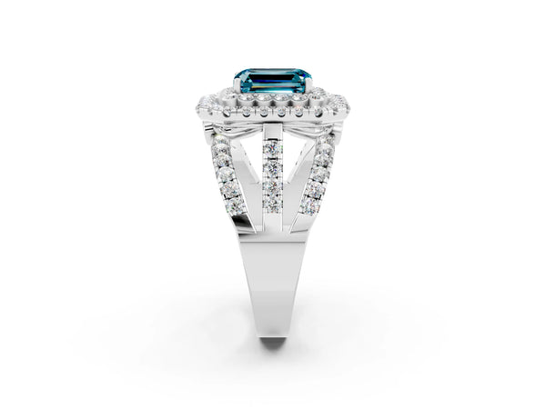 White gold Double Halo Emerald Cut Diamond Split Shank Pave Set Ring