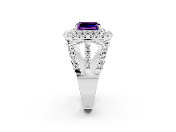 Platinum Emerald Cut Amethyst Double Halo Ring with Round Pavé Split Shank and Prong Setting