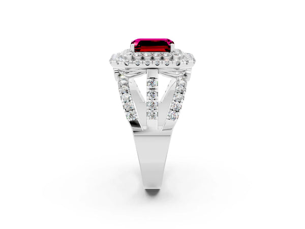 Platinum Emerald Cut Garnet Double Halo Ring with Round Pavé Split Shank and Prong Setting