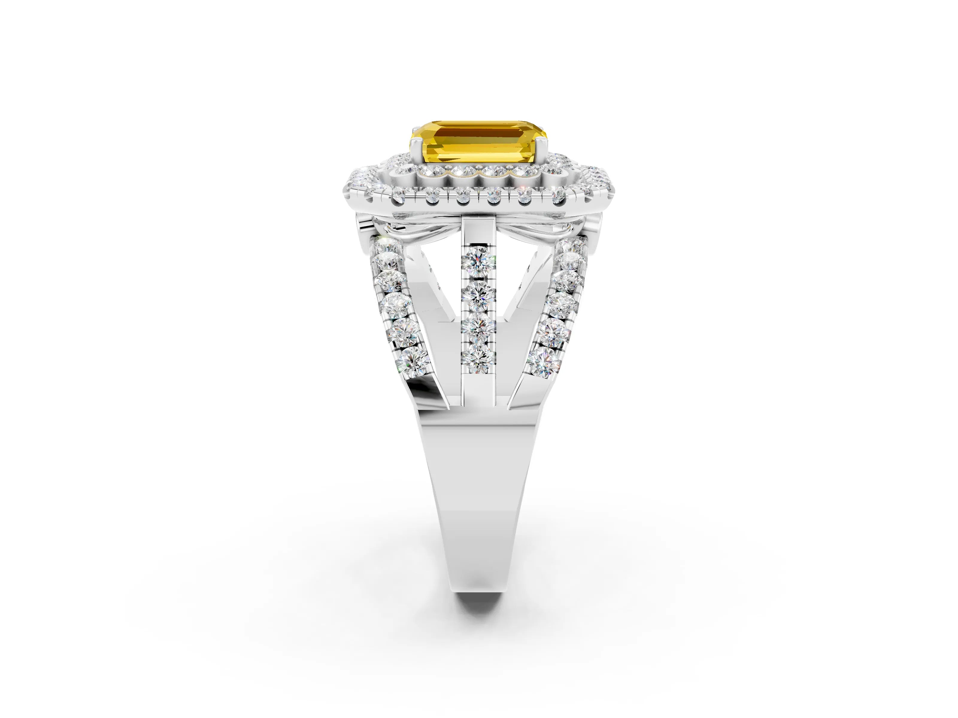 White gold Double Halo Emerald Cut Diamond Split Shank Pave Set Ring_2