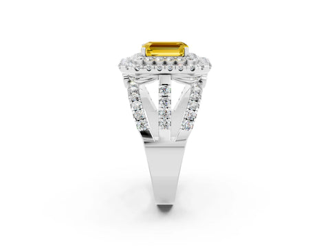 White gold Double Halo Emerald Cut Diamond Split Shank Pave Set Ring_2