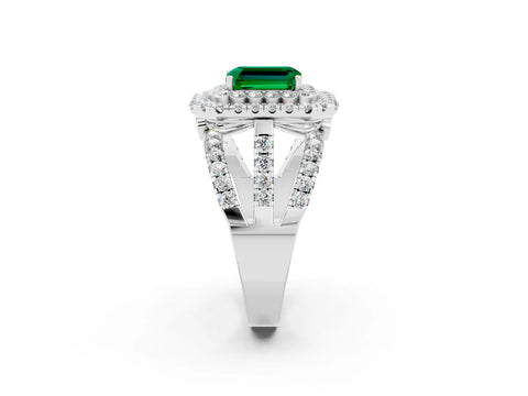 White gold Double Halo Emerald Cut Diamond Split Shank Pave Set Ring_2