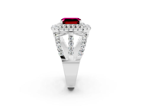 White gold Double Halo Emerald Cut Diamond Split Shank Pave Set Ring_2