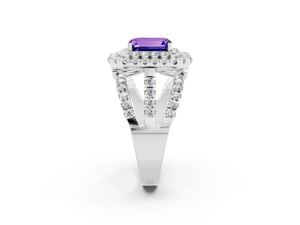Silver Emerald Cut Tanzanite Double Halo Ring with Round Pavé Split Shank and Prong Setting